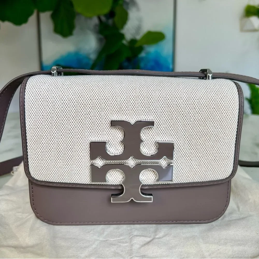 NWOT Tory Burch Eleanor Small Canvas Convertible Shoulder Bag Clam Shell Taupe